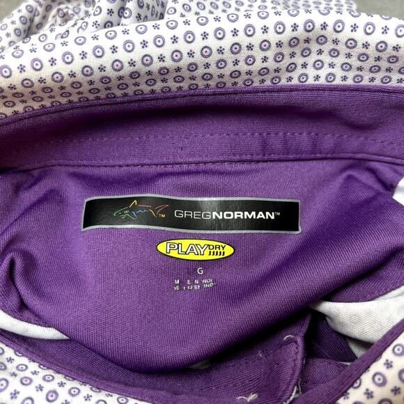 Men's Greg Norman White Purple Printed Collared Golf Play Dry Size Large Polo - Picture 4 of 6